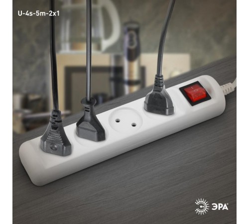 U-4s-5m-2x1 Удлин-ль без заземл, с выкл, 4гн, 5м, ПВС, 2х1мм2, 10А (20/720)  Б0044054  ЭРА