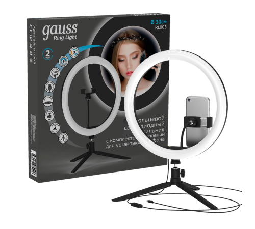 Светильник кольцевой 15W 800lm 3000-6500K 5V USB IP20 300*23мм черный дим пульт е LED 1/20  RL003  Gauss