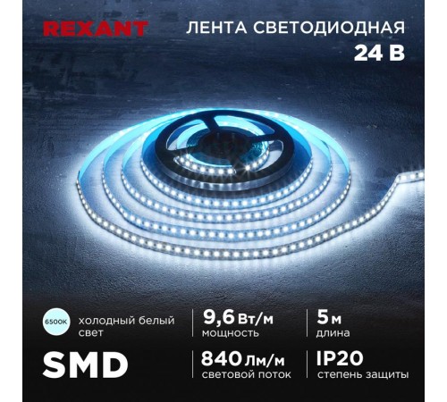 Лента светодиодная 24В, SMD2835, 9,6Вт/м, 120 LED/м, 6500K, 10мм, 5м,IP20  141-639  REXANT