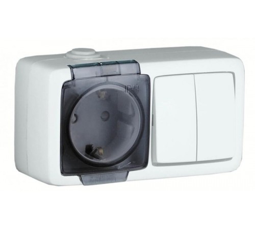 БА16-222 Блок открытой установки, брызгозащищенный , розетка с заземляющим контактом и шторками+двухклавишный выключатель, цвет белый  БА16-222  HEG
