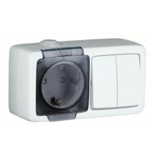 БА16-222 Блок открытой установки, брызгозащищенный , розетка с заземляющим контактом и шторками+двухклавишный выключатель, цвет белый  БА16-222  HEG