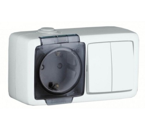 БА16-222 Блок открытой установки, брызгозащищенный , розетка с заземляющим контактом и шторками+двухклавишный выключатель, цвет белый  БА16-222  HEG