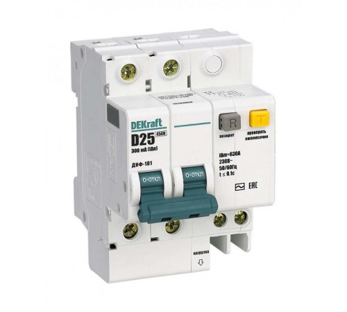 Выключатель автоматический дифференциального тока со встроенной защитой от сверхтоков ДИФ-101 2Р 25А 300мА AC D  15133DEK  DEKraft