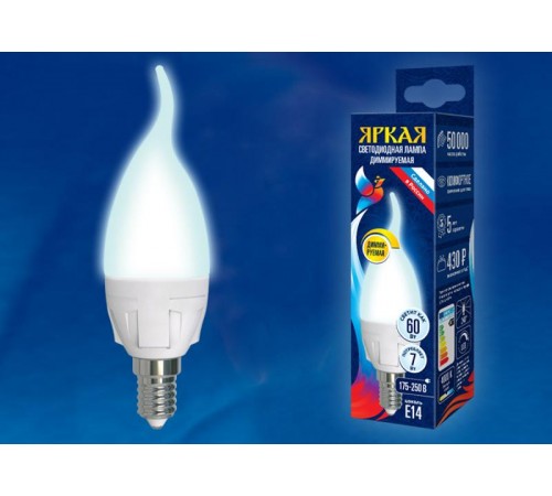 Лампа светодиодная LED-CW37 7W/4000K/E14/FR/DIM PLP01WH LED, димм.. "свеча на ветру", мат, серия Яркая, пр-во Россия, 4000К .  UL-00004298  Uniel