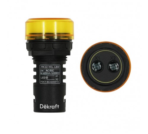 Лампа комм. ADDS 22 мм LED жел. 24В AC/DC ЛK-22   25067DEK  DEKraft