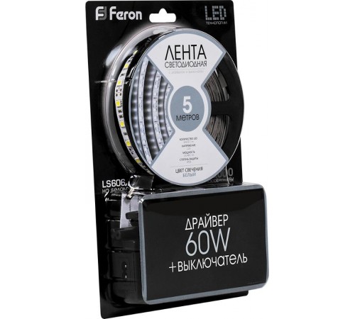 Лента светодиодная LS606 с драйвером 60Вт 60SMD(5050)/м 14.4Вт/м 12V 3000*10*2,32мм 6500К  27720  FERON