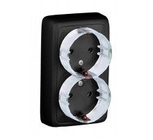 Розетка открытой установки, двухместная, с заземляющим контактом, с изолирующей пластиной, цвет черный  РА16-183-08  HEGEL