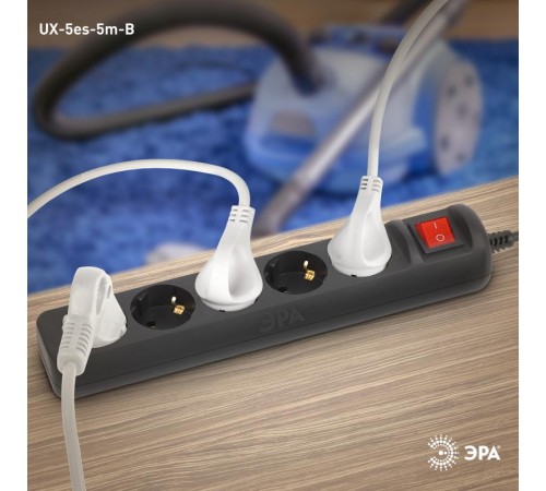 Удлинитель электрический UX-5es-5m-B с заземлением с выключателем 5 розеток 5 м ПВС 3x0,75мм2 10А черный  Б0057732  ЭРА