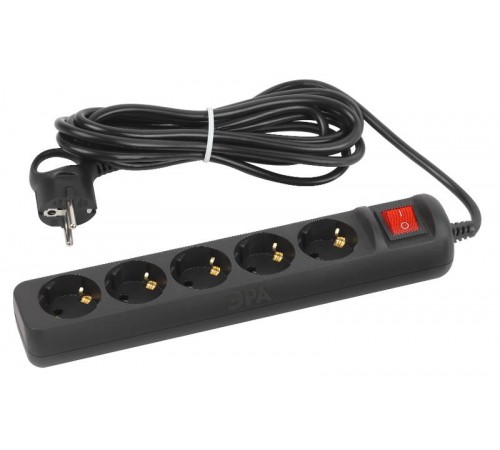 Удлинитель электрический UX-5es-5m-B с заземлением с выключателем 5 розеток 5 м ПВС 3x0,75мм2 10А черный  Б0057732  ЭРА