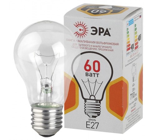 Лампа накаливания ЛОН A50 60-230-Е27-CL  груша 60Вт 230В Е27 цв. упаковка  Б0039122  ЭРА