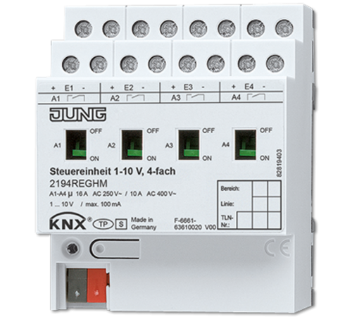 Управляющее устройство 1-10 В, 4 группы, монтаж на DIN-рейку, 4 модуля; KNX  2194REGHM  Jung
