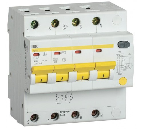 Выключатель автоматический дифференциального тока АД14S 4п 63А C 300мА тип AC (5 мод)  MAD13-4-063-C-300  IEK