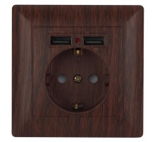 Розетка Intro Solo 4-410-10 с заземлением P+E Schuko со шторками, 16А-250В + 2хUSB, IP20, СУ, венге  Б0053719  Intro