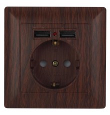 Розетка Intro Solo 4-410-10 с заземлением P+E Schuko со шторками, 16А-250В + 2хUSB, IP20, СУ, венге  Б0053719  Intro