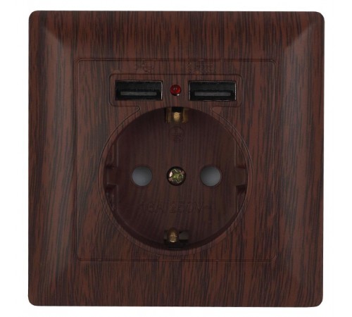 Розетка Intro Solo 4-410-10 с заземлением P+E Schuko со шторками, 16А-250В + 2хUSB, IP20, СУ, венге  Б0053719  Intro
