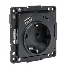 Стокгольм Механизм Розетки 1-местной с/з, USB A+C 16А винтовые клеммы черный с защ. штор.  EZR16-2USB-typeA-typeC  EKF