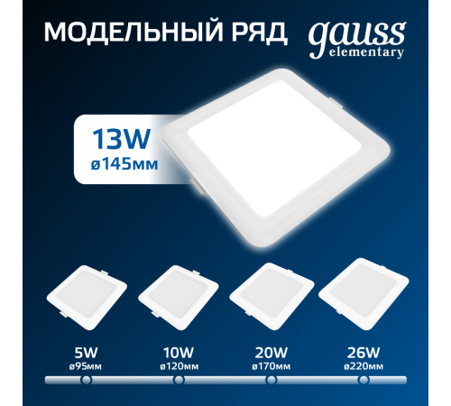 Светильник  Elementary Downlight квадрат 13W 1100lm 4000K 170-260V IP20 145*26 белый LED 1/60  998420212  Gauss