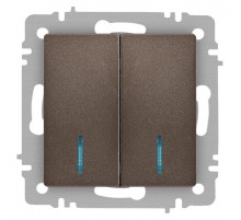Выключатель Intro Accent 6-105-08 двойной с подсветкой, 10А-250В, IP20, СУ, AL/CU, бронза  Б0063523  Intro