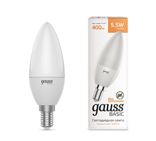Лампа светодиодная Basic Свеча 5,5W 400lm 3000K E14 LED 1/10/100  1033116  Gauss