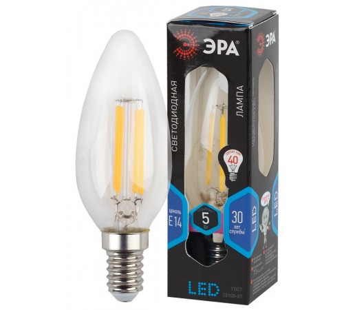 Лампа светодиодная F-LED B35-5W-840-E14 (филамент, свеча, 5Вт, нейтр, E14)  Б0043449  ЭРА