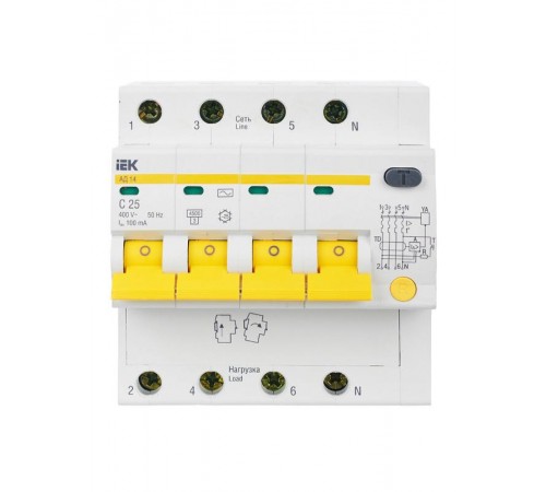 Выключатель автоматический дифференциального тока АД14 4п 25А C 100мА тип AC (5 мод)  MAD10-4-025-C-100  IEK