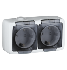 Розетка открытой установки, двухместная, с заземляющим контактом, со шторками, брызгозащищенная, цвет белая  РА16-252  HEGEL