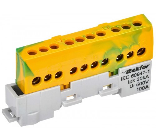 TEKFOR Шина PE "земля" изолированная на универсальном держателе 6х9-10-ЖЗ  TF-NN10-10-KL-K52  IEK