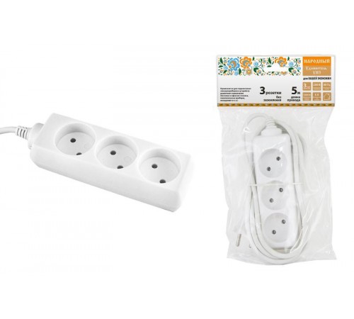 Удлинитель народный  УН3  3 гнезда, 5метров, б/з, ШВВП 2х0,75 мм2  6А/250В  SQ1303-1202  TDM
