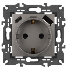 Розетка Elegance 14-4108-16 2P+E 16A-250В со шторками с USB type-A+C 5В-3А титан  Б0067695  ЭРА