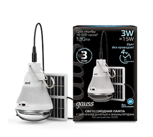 Лампа светодиодная Led A60 3W 130lm 4000K с солнечной панелью 1/40  902102203  Gauss