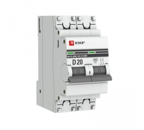 Выключатель автоматический двухполюсный 2P 20А (D) 6кА ВА 47-63M c электромагнит. расцепителем PROxima  mcb4763m-6-2-20D-pro  EKF (замена - M63MA622