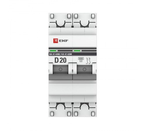 Выключатель автоматический двухполюсный 2P 20А (D) 6кА ВА 47-63M c электромагнит. расцепителем PROxima  mcb4763m-6-2-20D-pro  EKF (замена - M63MA622