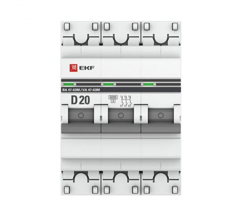 Выключатель автоматический трехполюсный 3P 20А (D) 6кА ВА 47-63M c электромагнит. расцепителем PROxima  mcb4763m-6-3-20D-pro  EKF (замена - M63MA632