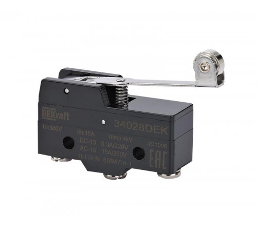 Миниатюрный конц. вык. 1НО1НЗ шарнирного длиннорычажного типа с металлическим роликом  34028DEK  DEKraft