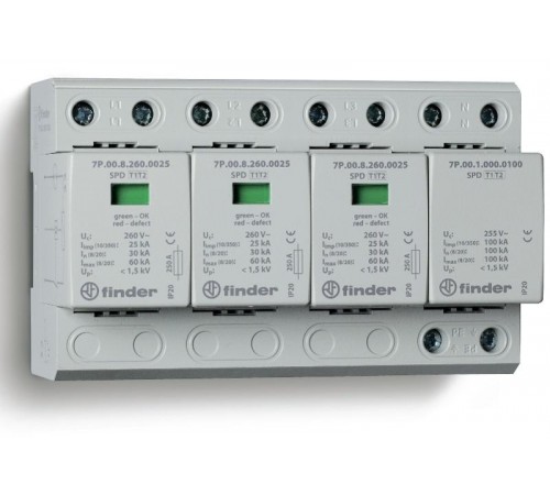 Устройство защиты от импульсных перенапряжений УЗИП тип 1+2 (3 варистор/искровый разрядник + 1 искровый разрядник); модульный  7P0482601025  Finder