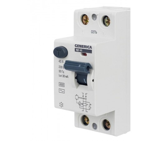 Выключатель дифференциальный (УЗО) ВД1-63 2п 40А 30мА тип AC  MDV15-2-040-030  GENERICA