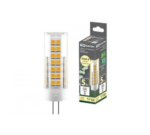 Лампа светодиодная G4-5 Вт-230 В-3000 К, SMD, 16x55 мм  SQ0340-0216  TDM