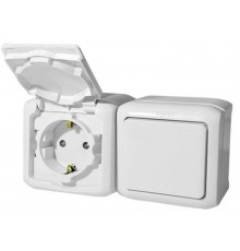 Quteo Белый Блок Выключатель 1-клавишный +розетка с заземлением со шторками IP44  782318  Legrand