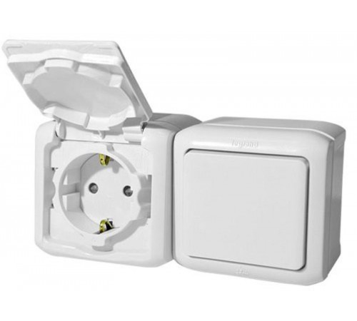 Quteo Белый Блок Выключатель 1-клавишный +розетка с заземлением со шторками IP44  782318  Legrand