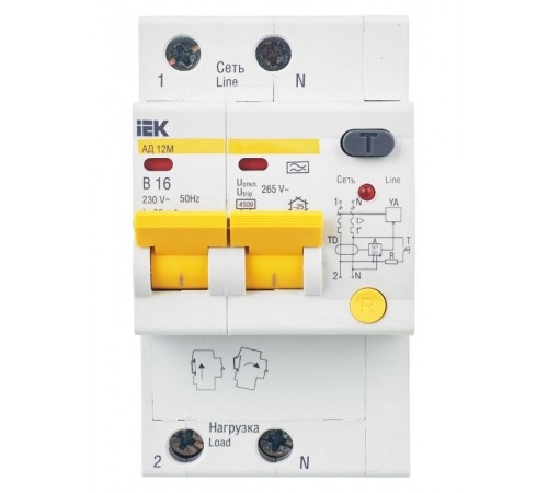 Выключатель автоматический дифференциального тока АД12М 2п 16А B 30мА тип A (3 мод)  MAD12-2-016-B-030  IEK