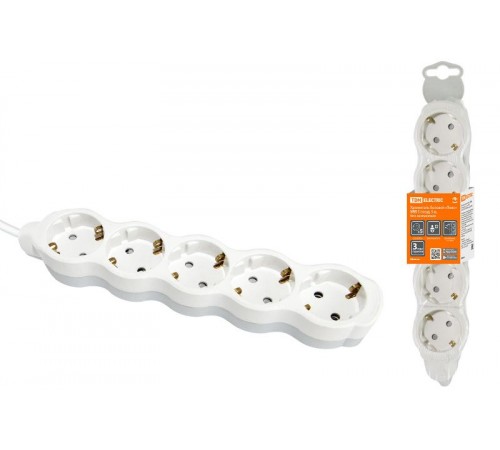 Удлинитель бытовой "Люкс" УЛ05 5 гнезд, 5м, с/з, с з/ш, ПВС 3х1мм2 16А/250В бело-серый  SQ1303-0240  TDM