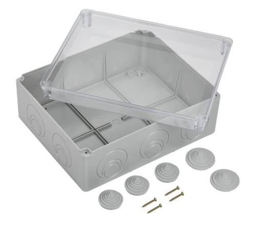 Коробка распределительная КМ41275 для о/п 240х195х90 мм IP44 (RAL7035, прозр. кр., кабельные вводы 5 шт)  UKO10-240-195-090-K51-44  IEK