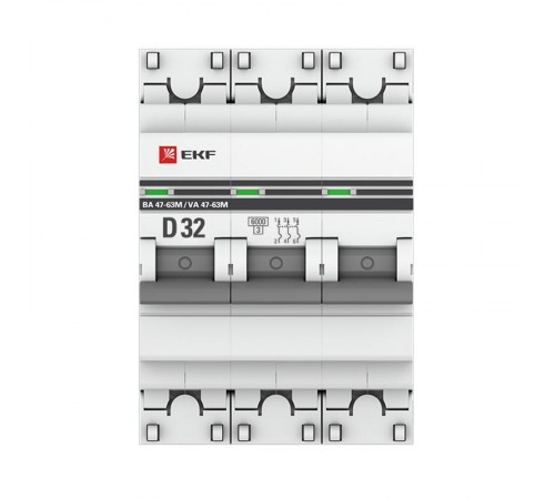 Выключатель автоматический трехполюсный 3P 32А (D) 6кА ВА 47-63M c электромагнит. расцепителем PROxima  mcb4763m-6-3-32D-pro  EKF (замена - M63MA633
