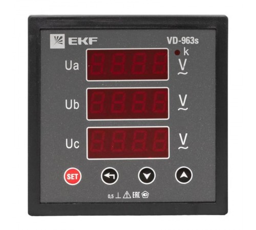 Вольтметр VD-963s цифровой на панель 96x96 (квадратный вырез) трехфазный в коротком корпусе PROxima  VD-963s  EKF