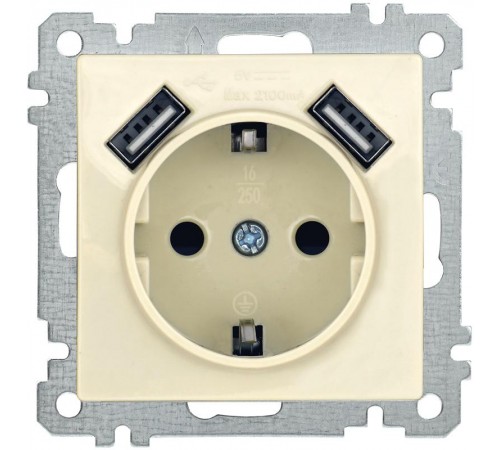 BOLERO кремовый Розетка с/з со шторкой 16А USBх2 2,1А РЮш10-1-Б IEK  ERB14-K33-16-U2  IEK