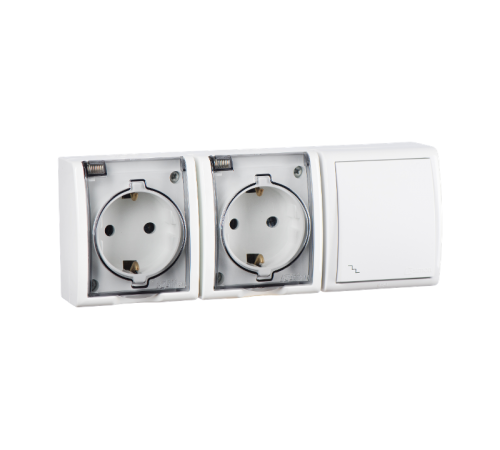 Блок IP54. Розетка двойная с крышкой и заземлением Schuko 2x2Р+Е 16A + Переключатель (проходной) 10AX 250В белого цвета S15 Aqua  1594526-030  Simon