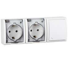 Блок IP54. Розетка двойная с крышкой и заземлением Schuko 2x2Р+Е 16A + Переключатель (проходной) 10AX 250В белого цвета S15 Aqua  1594526-030  Simon