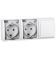 Блок IP54. Розетка двойная с крышкой и заземлением Schuko 2x2Р+Е 16A + Переключатель (проходной) 10AX 250В белого цвета S15 Aqua  1594526-030  Simon