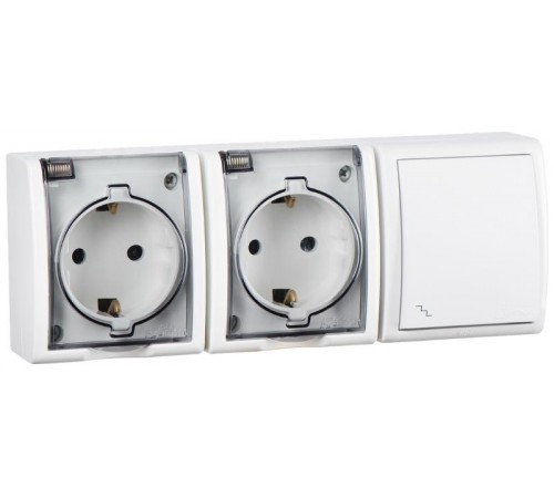 Блок IP54. Розетка двойная с крышкой и заземлением Schuko 2x2Р+Е 16A + Переключатель (проходной) 10AX 250В белого цвета S15 Aqua  1594526-030  Simon