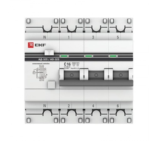 Выключатель автоматический дифференциального тока АД-32 (селективный) 3п+N 16A C 300мА тип AC PROxima  DA32-16-300S-4P-pro  EKF